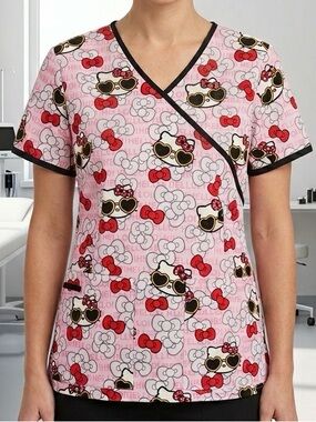 Cherokee Hello Kitty Scrub Top S Pink Sunglasses 100% Cotton Mock Wrap Nursing